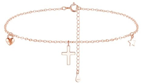 Kamise 925 Sterling Silver Adjustable Anklet Bracelet for Lady, Rose Gold Anklet for Women, Summer Barefoot Beach Water Resistant Ankle Bracelet Gift Box, 22+5cm Resizeable Cross Heart Star Anklet