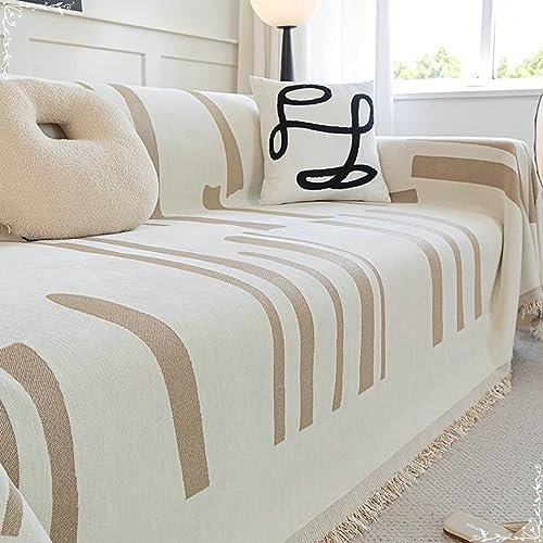 Bishilin Sofa Überzug 3 Sitzer 180x300CM, Sofabezug Ecksofa Nordisch Hellbraun Gestreift mit Quasten Couchbezug Eckcouch Katzenschutz Universal