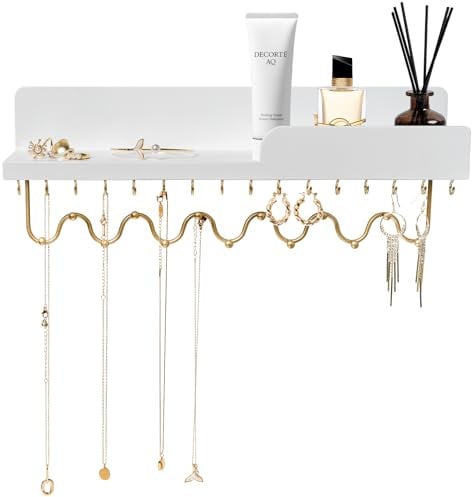 Lampaggio Support mural à 29 crochets, étagère à bijoux décorative en bois blanc avec barre ondulée en métal doré et garde-corps pour collier, pendentif, chaîne, bracelet