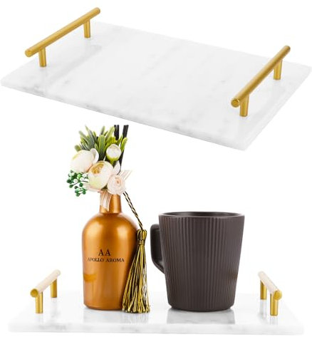 Oungy Plateau de service en marbre avec poignée - Plateau de service décoratif en marbre - Plateau rectangulaire de fiançailles - Pour cuisine, salle de bain, commode, lavabo - 30 x 20 x 4,5 cm - Gris