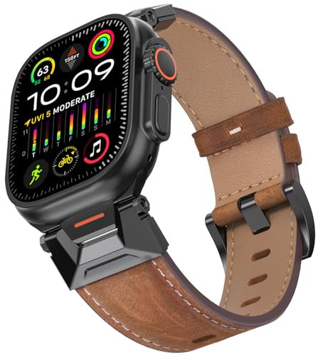 Bouixel Bracelet en cuir véritable compatible avec Apple Watch Ultra 3 - 49 mm, 46 mm, 45 mm, 44 mm, 42 mm pour homme, bracelet robuste avec connecteurs en acier inoxydable pour iWatch Ultra 2 Series