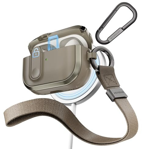 MAGEASY Custodia per AirPods Pro 2, robusta custodia per AirPods Pro con serratura, funziona con cavo, ricarica ufficiale Apple Watch e MagSafe, include moschettone e cinturino da polso, Odyssey