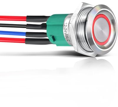 acegoo 12V ON/OFF Interruttore a Pulsante 10A SPST 19mm Autobloccante Retroilluminato Rosso per Camper Barca Camion Auto, Precablato 12V/24V (1Pcs, Argento)