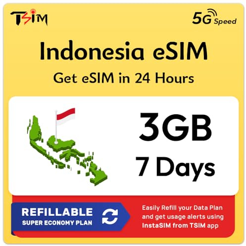 Bali Indonesia eSIM | 3GB | 7 Tage | Nachfüllbarer Tarif | 5G Geschwindigkeit | Hotspot | eSIM innerhalb von 24 Stunden verfügbar