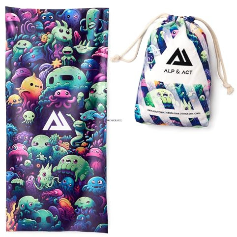 ALP & ACT Strandtuch XXL 200x90 cm - 100% recycelte Mikrofaser - EXTRA LEICHT & schnelltrocknend - großes Microfaser Handtuch für Urlaub & Strand - Badetuch inkl. Baumwollbeutel - bunt