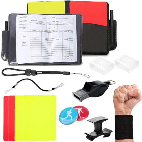 Kit Arbitre Football, Carton Arbitre Football Set avec PVC Carton Rouge et Jaune Foot, Porte-clés Sifflet, Porte-clés Court, Pochette Carnet de Scores pour Le Football Sport Scolaire Sport