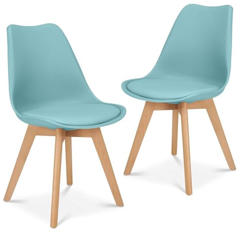 Bravich Set Of 2 Rocco Dining Chairs- Duck Egg Blue. Faux Leather Upholstered Dining Chair With Natural Wooden Legs, Cushion Pad Seat & Back Support For Kitchen Table- 42 x 42 x 81cm.