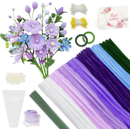 YSUVIN Pfeifenreiniger Blumen Set 885 Stück, Blau Lila Weiß Grün Pfeifenputzer zum Basteln mit Staubgefäße, Blumenstiel, Perlen, Fischschwanzgarn, Klebeband, Geburtstag Karte und Blumentasche