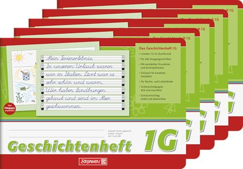 BRUNNEN Geschichtenheft | A5quer Lineatur 1G, 16 Blatt, grün 5er Pack - Wahlweise mit passenden Heftumschlägen