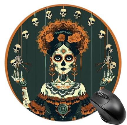Dia De Los Muertos Marionettes Round Mouse Pad with Non Slip Rubber Base Waterproof Mousepad for Laptop Computer Office