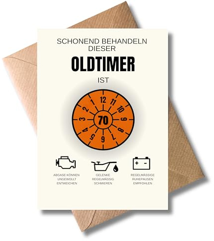WBdesignz 70. Geburtstagskarte „Schonend behandeln dieser Oldtimer“ mit Umschlag - Witzige Geschenkkarte mit Uhr-Motiv & Auto-Symbolen für Männer, Freunde & Enkel - Lustig zum 70. Geburtstag (DIN A6)