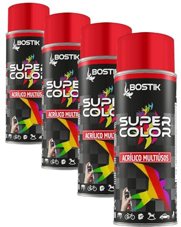 Bostik SUPER COLOR ROJO TRÁFICO RAL 3020, Pintura en Spray Acrílica para Uso Profesional y Doméstico, Multiusos, Secado Rápido, Acabado Brillante, Interior y Exterior, Bote 400 ml (Paquete de 4)