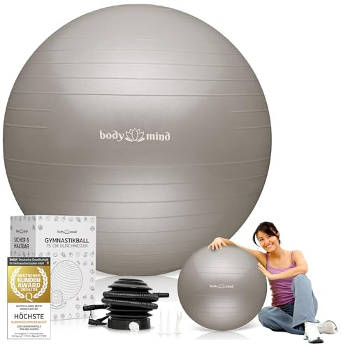 Body & Mind Gymnastikball inkl. Luftpumpe - Anti-Burst Pilates Ball, Pezziball für Schwangerschaft Ergonomischer Sitz als Büro-Stuhl, Sitzball für Yoga, Gymnastik & Workout (Beige, 65 cm)