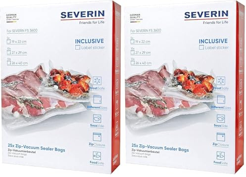 SEVERIN Zip-Vakuumierbeutel Vorteilspaket, Für Vakuumierer, 25 Stück in verschiedenen Größen, ZB 3619 (Packung mit 2)