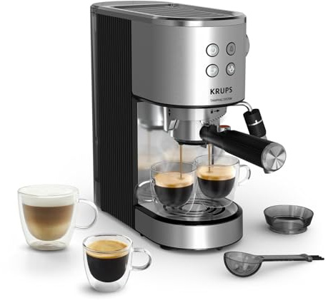 KRUPS Virtuoso+, Cafetera Espresso, Autotamping, Inox | Sistema de autoprensado, 15 Bares, Panel Frontal Inutitivo, Calidad Barista, 1350 W, Compacto, XP499E