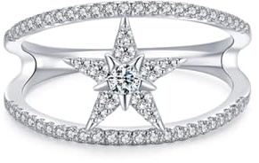 Damen Ring, Wedding Ring Stern Silber mit Rundschliff Labor Diamant 9K Weißgold Größe 56 (17.8)