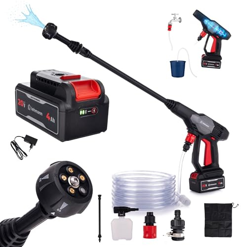 LEHMANN Stream Akku Hochdruckreiniger 20V Max mit 4Ah Akku – Kabelloser Druckreiniger mit 5-in-1 Düse, 6m Schlauch & Schaumsprüher für Auto, Fahrrad & Terrasse