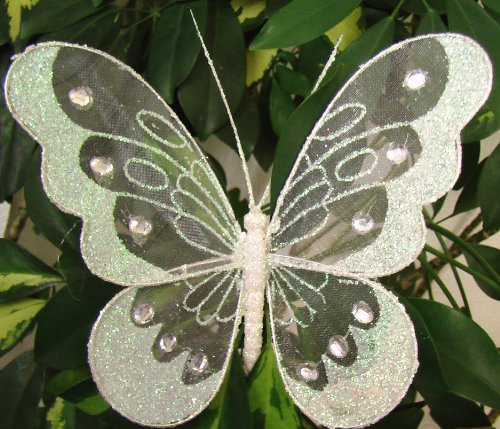 6 x bianco glitter farfalle ClipOn decorazione Lapel spilla molletta per capelli grande 18 cm