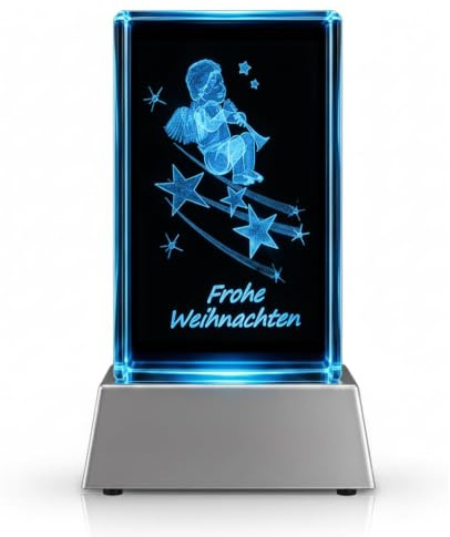 Kaltner Präsente 3D Kristall Weihnachten Engel – LED Licht mit Farbwechseln | Engel & Sterne mit Gravur „Frohe Weihnachten“ im Kristallglas – festliche Weihnachtsdeko mit LED Leuchtsockel und Farbwechsel