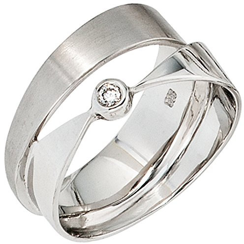 Jobo Damen Ring breit 585 Gold Weißgold matt mattiert 1 Diamant Brillant Weißgoldring Größe 58