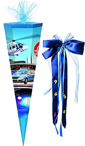 alles-meine.de GmbH Schultüte - Polizei Auto/Hubschrauber - 70 cm - rund - incl. große Schleife - Tüllabschluß - Zuckertüte - mit/ohne Kunststoff Spitze - für Jungen/Po..
