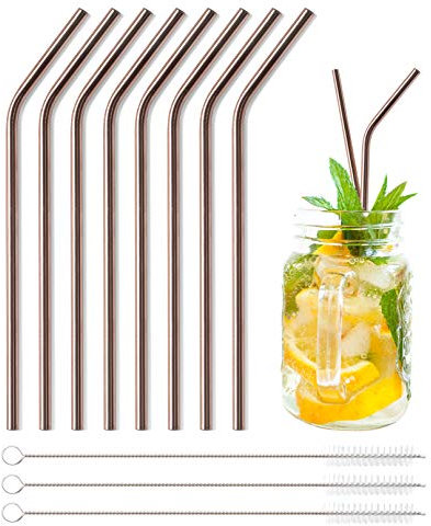 Pentaton Trinkhalme aus Edelstahl, 8 Wiederverwendbare Strohhalme, 3 Reinigungsbürsten, Metallstrohhalme, Länge 21,5cm, Farbe Rosegold