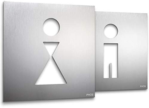 2 WC-Türschilder je 12 x 12 cm, Frau Mann Symbole, Edelstahl, selbstklebend, Toiletten-Schild Set, Herren und Damen Türschild zum Kleben, ohne Bohren, Hinweis-Schild - PHOS Design