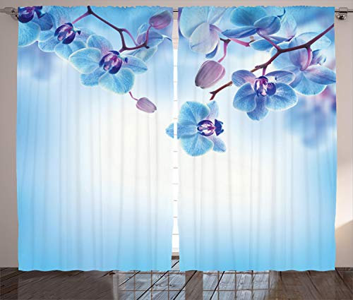 ABAKUHAUS Blume Rustikaler Gardine, Orchideen Natur, Schlafzimmer Kräuselband Vorhang mit Schlaufen und Haken, 280 x 175 cm, Blau Lila