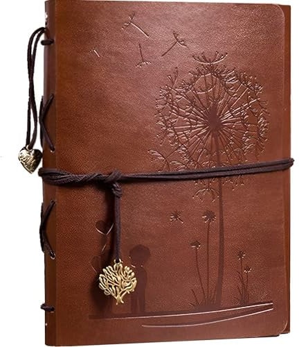 MINGZE Fotoalbum, zum Selbstgestalten Leder Scrapbook Album Schwarze Seiten Fotobuch zum Einkleben Fotoalben, Valentinstag Geburtstag Jahrestag Geschenk, Löwenzahn versprechen (Klein braun)
