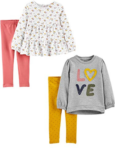 Simple Joys by Carter's Baby Girls' 4-Piece Long-Sleeve Shirts and Pants Playwear Set, Grey Love/Pink/White Floral/Yellow Dots, 12 Months