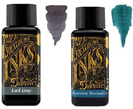 Diamine Fountain Pen Ink 30ml - 2 x Bottles - Earl Grey & Aurora Borealis