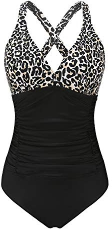 FLYRONG Swimming Costume for Women V Neck One Piece Tummy Control Swimsuits for Women Swimwear (Print-Leopard, X-Large)
