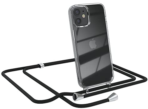 EAZY CASE Handykette kompatibel mit iPhone 12 Mini Handyhülle mit Umhängeband, Handykordel mit Schutzhülle, Silikonhülle, Hülle mit Band, Stylische Kette für Smartphones, Schwarz