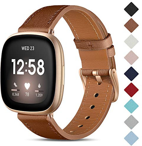 CeMiKa Leather Strap Compatible with Fitbit Sense/Fitbit Versa 3, Genuine Leather Wristband for Women & Men, Brown