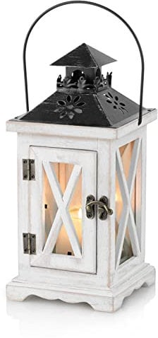 Sziqiqi Laterne Kerzenhalter Vintage Windlicht Laterne Holz Metall Dekorative Windlichthalter für Draußen Rustikale Hochzeit Herzstück Hängende Laterne Bauernhaus Innen Außenlaterne Dekor 28cm