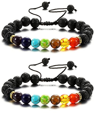 AFSTALR 7 Chakra Armband Echte Steine Elastisch Lava Armband für Damen Naturstein Armband Yoga Armband