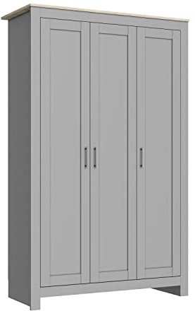 ELEGANT New Luxury 3 Doors Wardrobe with Hanging Rail Wooden Wardrobe for Blankets, Clothing and Quilt, 4 Shelves Storage, Grey/Oak