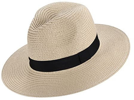 Eight Space Sun Hat Panama Foldable Wide Brim Floppy Straw Hat, Hand Woven Beach Cap Sun Hat with Black Band Summer Fedora Trilby Straw Hat (Beige)