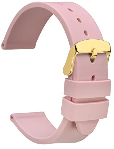 WOCCI 18mm Lightweight Silicone Rubber Watch Strap for Men and Women, Gold Buckle (Pink)