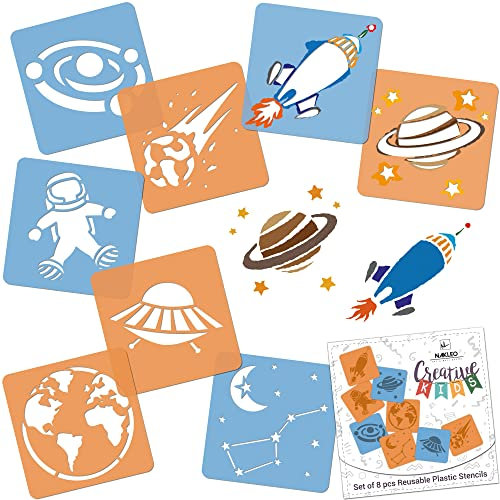 NAKLEO Schablonen Malen für Kinder, 8 Stück Set 15x15cm Kosmos Universum, Kinder Kreatives Zeichenschablonen, Kunststoff Wiederverwendbar Malschablone DIY Handwerk, Papier Wand Holz Stoff