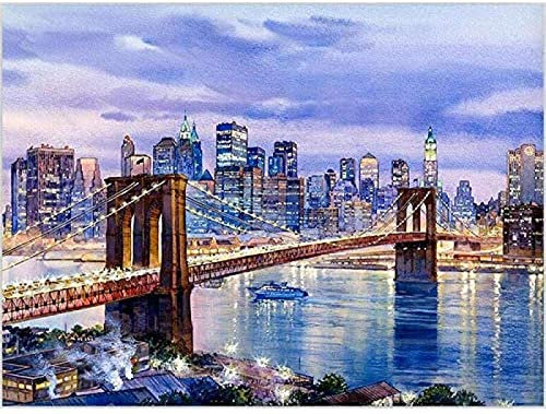 WYWQN 5D Diy Diamond Painting New York Brooklyn Bridge Diamond Full Circular City Night Diamantstickerei Kreuzstich 30x40CM