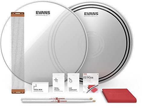 Evans Snare Drum Tune Up Kit, enthält 14-Zoll-Snare-Trommelfelle, EC Reverse Dot and Clear Resonant Drumheads, EQ-Pods, Snare-Drähte, Drumsticks, Wartungszubehör