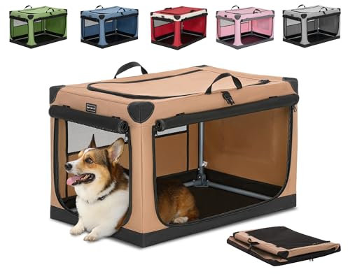 Petsfit Hundebox faltbar, Hundebox Auto Verstellbarer Stoffbezug, Hundebox für zuhause mittelgroße Hunde, Hundetransportbox mit 3 Tür-Design, Einfach zu Transportieren, M, Khaki