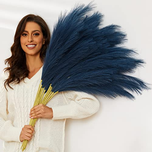 QUBITFUL Blue Pampas Grass, 9 PCS 37''/3.1FT Tall Fluffy Fake Pompas Floral, Large Faux Pompous Grass Branches for Floor Vase Fillers, Boho Farmhouse Room Wedding Decor (Navy Blue)
