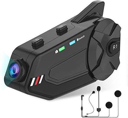 OBEST Motocicleta Bluetooth Intercomunicador,Moto Casco Auriculares con 1080P Cámara,1000M 6 Riders Group Intercomunicador Impermeable, con Tarjeta FM/Bluetooth 5.0/64G TF/2 en 1 Micrófono