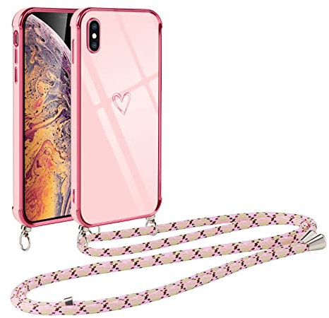 Vauki Handykette für iPhone XS Max Hülle mit Band, Handyhülle mit Kette, Herz Motiv, Ultra Dünn Stoßfeste Aesthetic Case mit Kordel zum Umhängen für iPhone XS Max 6.5 Zoll, Rosa