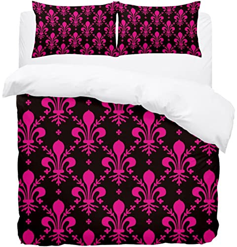 Parure de lit simple avec housse de couette et taies d'oreiller en microfibre douce Motif fleur de lys Rose