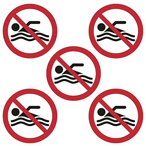 Kleberio® Selbstklebende Aufkleber - Schwimmen verboten - 10 cm 5 Stück Piktogramm wetterfest Schutz vor Gefahr durch Ertrinken oder giftigen Substanzen, Sicherheits Aufkleber Hinweis Schild