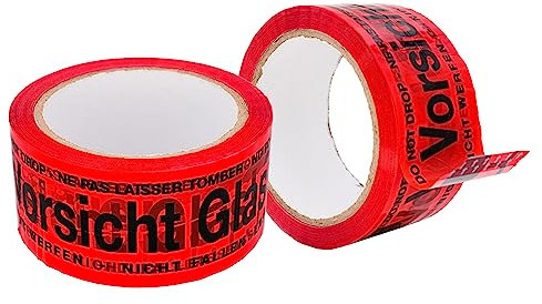 BIGtec 1 Rolle Paketklebeband Vorsicht Glas Klebeband Packband Paketband Verpackungsband Kartonband Standard 66m lang 48mm breit rot Verpackungsmaterial Paket Karton