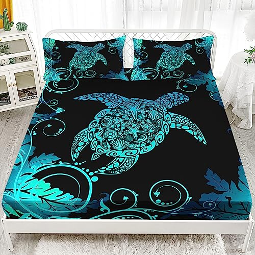 AILONEN Meeresschildkröten-Spannbetttuch, volle Größe, tropische Blätter, 3-teiliges Set, blaue fluoreszierende Textur, Ozean-Bettwäsche-Set für Jungen, Mädchen, Erwachsene, atmungsaktives und weiches